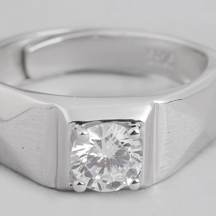 Solitaire Rhodium Plated 925 Sterling Silver Ring for Him (Adjustable)