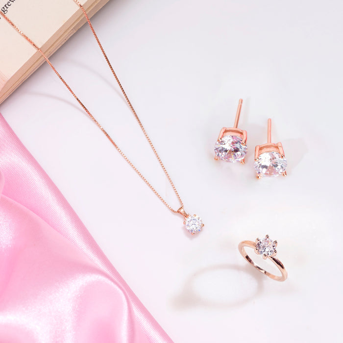 Solitaire Rose-Gold 925 Sterling Silver Jewellery Set Combo