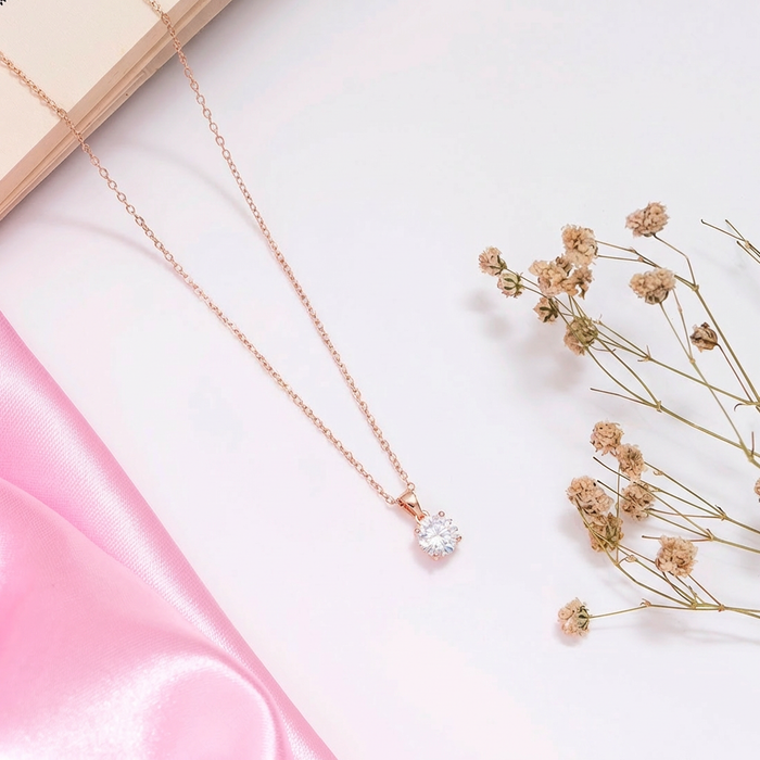 Solitaire Rose Gold Plated 925 Silver Pendant With Link Chain
