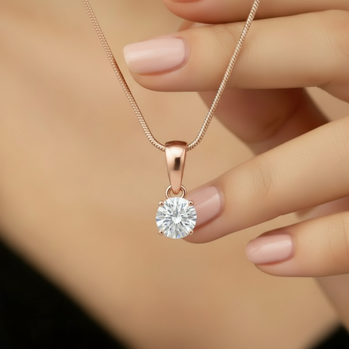 Solitaire Rose Gold Plated 925 Silver Pendant With Snake Chain