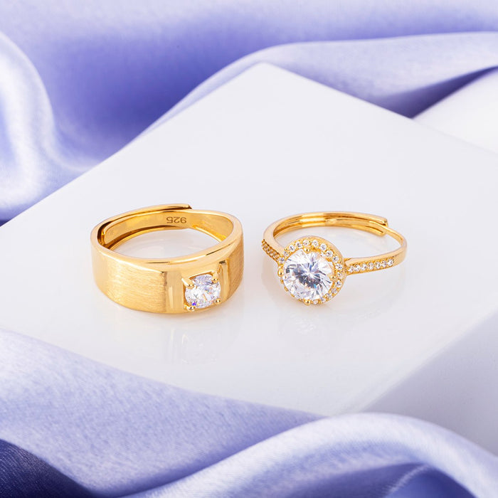 Sparkling Embrace CZ Gold Plated 925 Silver Couple Ring (Adjustable)
