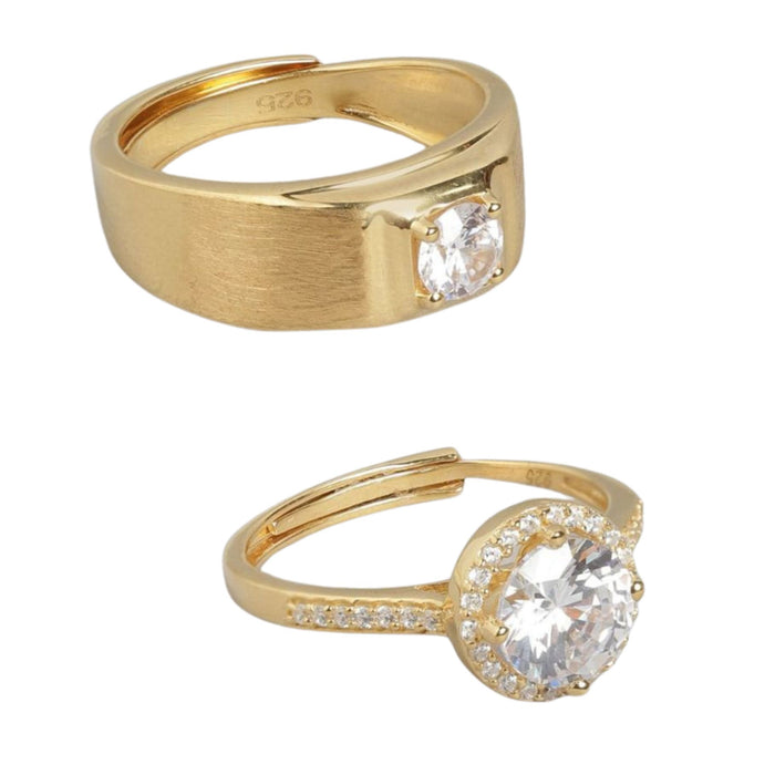 Sparkling Embrace CZ Gold Plated 925 Silver Couple Ring (Adjustable)