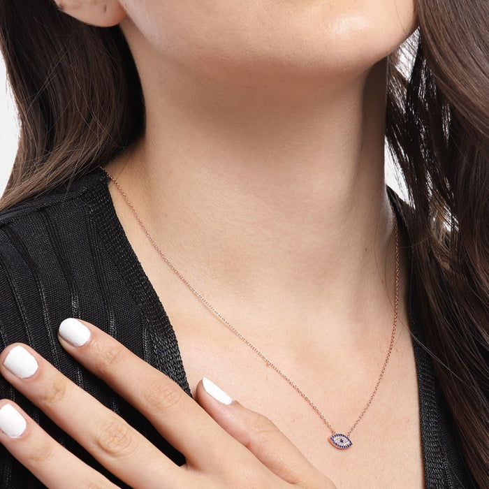 Sparkling Evil Eye 925 Silver Necklace in Rose Gold