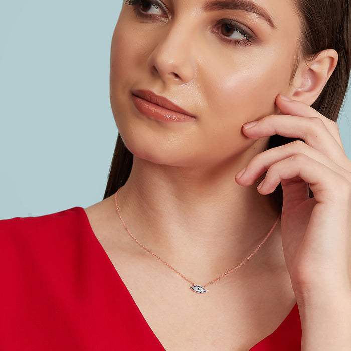 Sparkling Evil Eye 925 Silver Necklace in Rose Gold