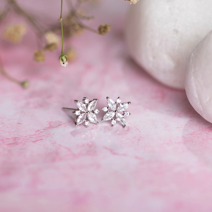 Sparkling Flower Rhodium Plated 925 Sterling Silver Stud