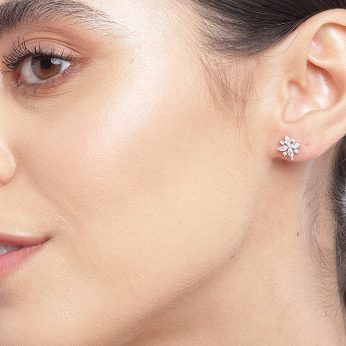 Sparkling Flower Rhodium Plated 925 Sterling Silver Stud