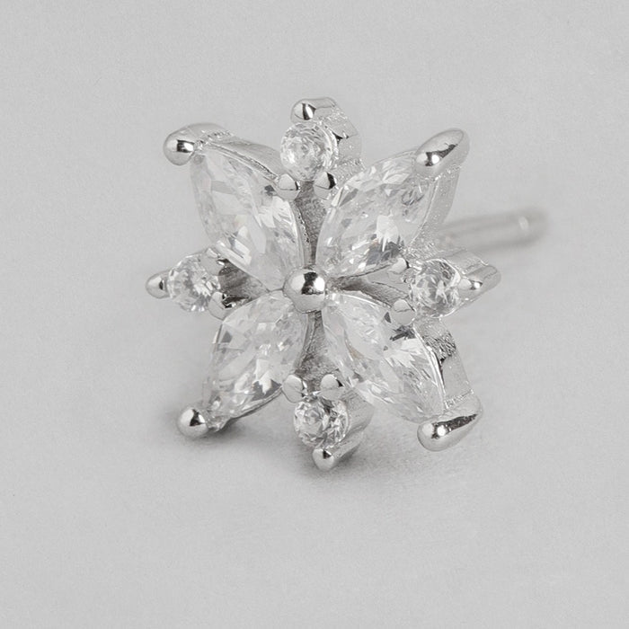 Sparkling Flower Rhodium Plated 925 Sterling Silver Stud