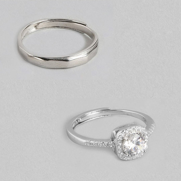 Sparkling Harmony Rhodium-Plated 925 Sterling Silver Couple Ring (Adjustable)