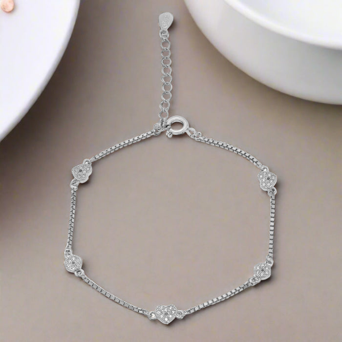 Sparkling Heart Rhodium Plated 925 Sterling Silver Bracelet
