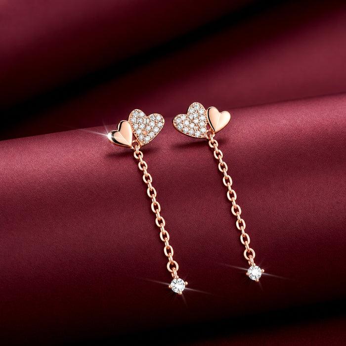 Sparkling Hearts Rose Gold Plated 925 Silver Drop Earrings