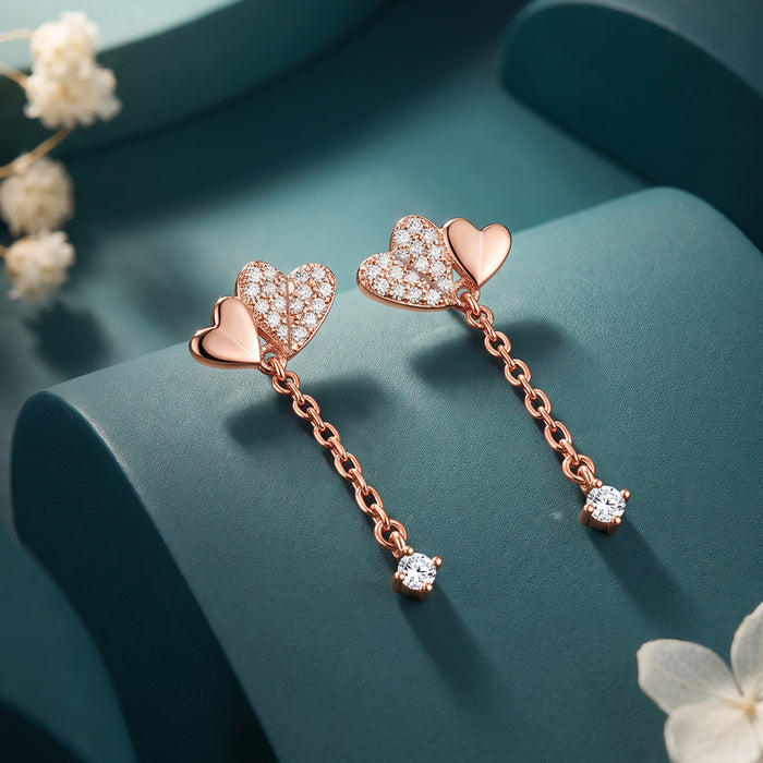 Sparkling Hearts Rose Gold Plated 925 Silver Drop Earrings