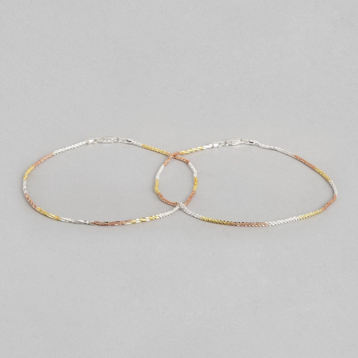 Sparkling Triple Tone 925 Sterling Silver Chain Anklets
