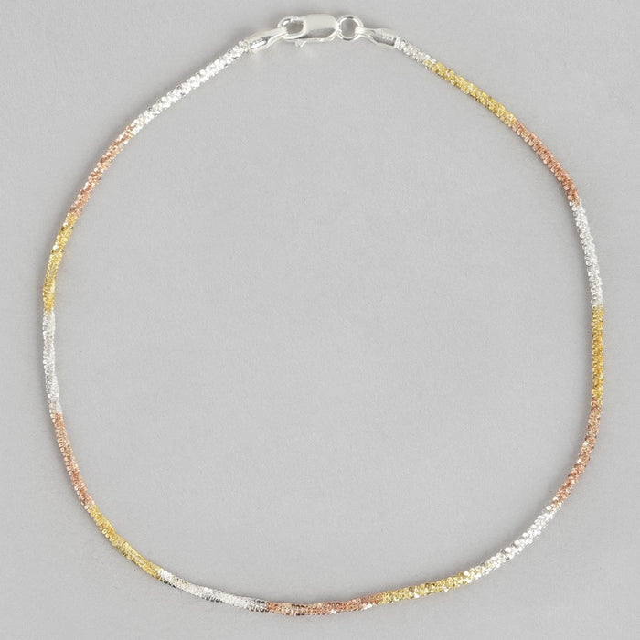 Sparkling Triple Tone 925 Sterling Silver Chain Anklets