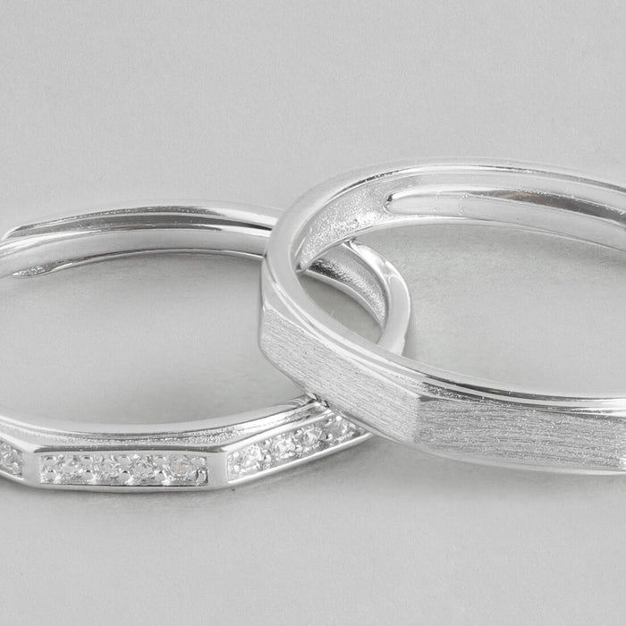 Sparkling Unity Rhodium-Plated 925 Sterling Silver Couple Ring (Adjustable)