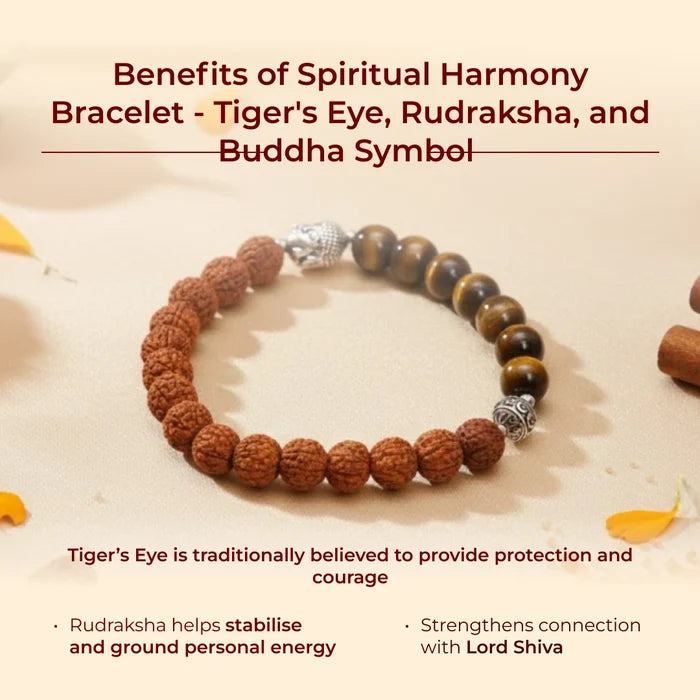 Spiritual Harmony Bracelet - Tiger's Eye, Rudraksha, and Buddha Symbol - view 2