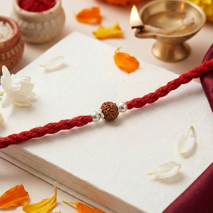 Spiritual Protection: Rudraksh Rhodium-Plated Sterling Silver Thread Rakhi For Him
