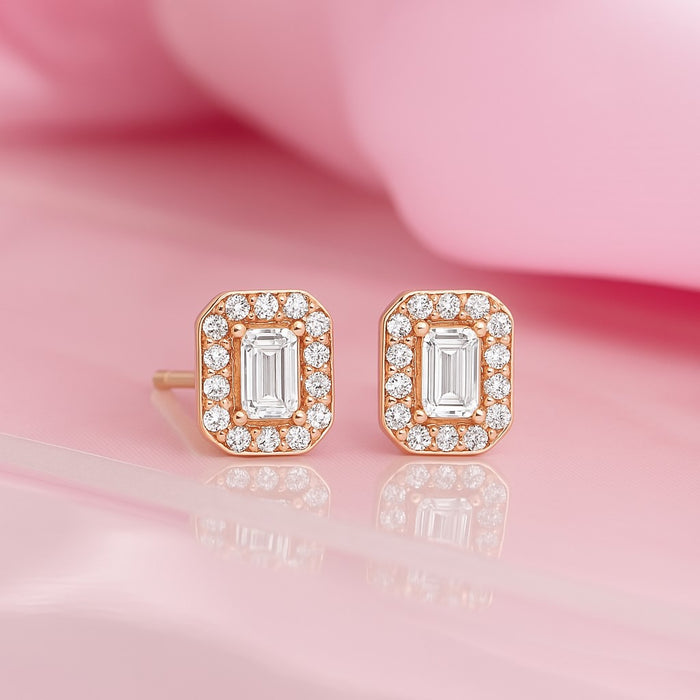 Square CZ Halo Rose Gold Plated 925 Sterling Silver Stud Earrings