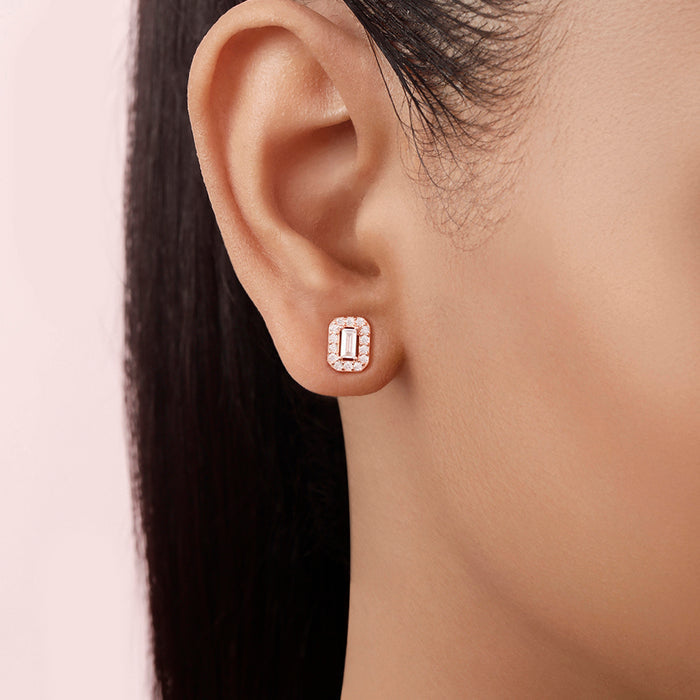 Square CZ Halo Rose Gold Plated 925 Sterling Silver Stud Earrings