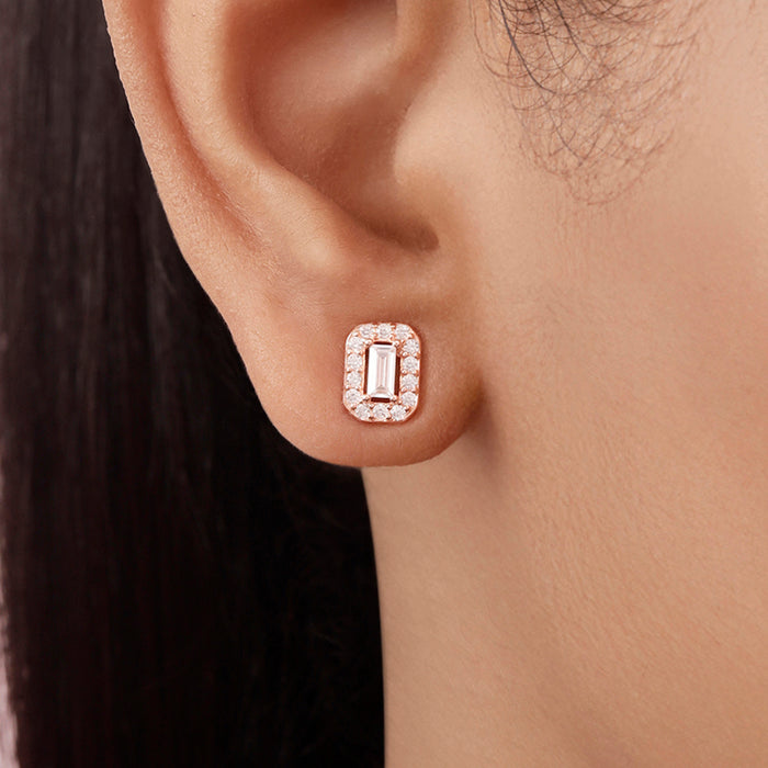 Square CZ Halo Rose Gold Plated 925 Sterling Silver Stud Earrings