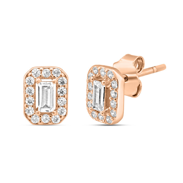 Square CZ Halo Rose Gold Plated 925 Sterling Silver Stud Earrings