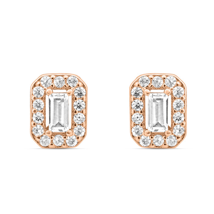 Square CZ Halo Rose Gold Plated 925 Sterling Silver Stud Earrings