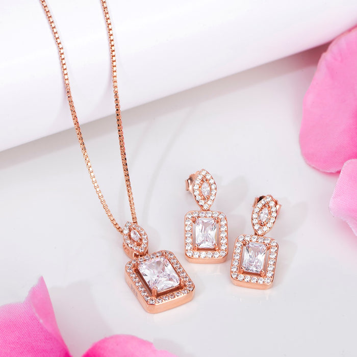 Square Radiance 925 Sterling Silver Rose Gold-Plated Jewelry Set