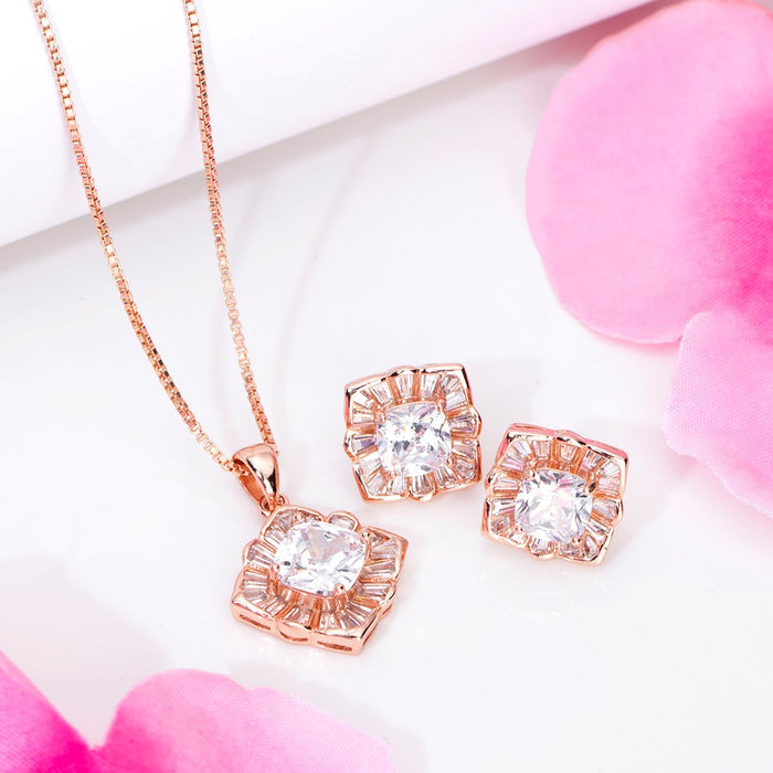 Squared CZ Elegance 925 Sterling Silver Rose Gold-Plated Jewelry Set