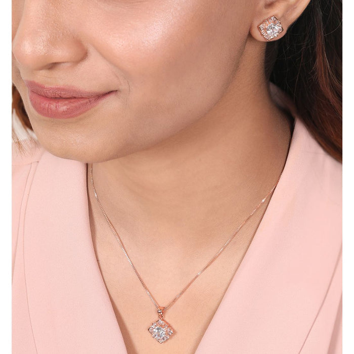 Squared CZ Elegance 925 Sterling Silver Rose Gold-Plated Jewelry Set