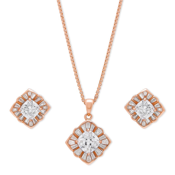 Squared CZ Elegance 925 Sterling Silver Rose Gold-Plated Jewelry Set