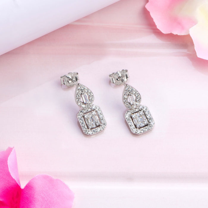 Squared Radiance CZ Rhodium-Plated 925 Sterling Silver Earrings