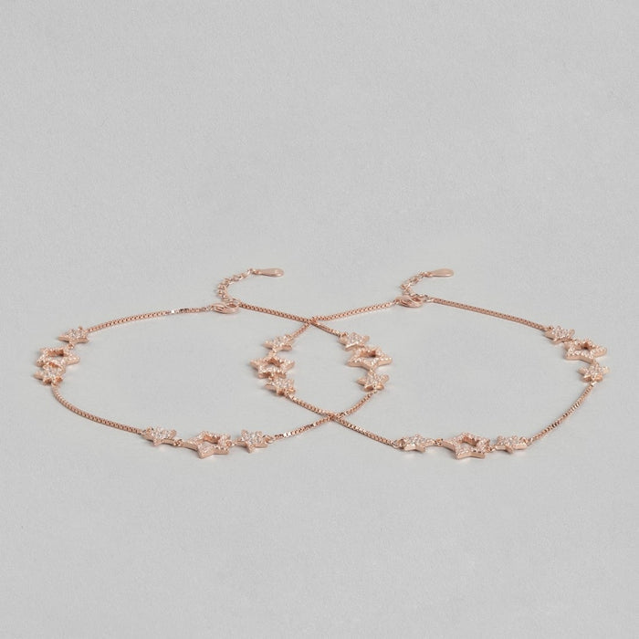 Two rose gold plated 925 Sterling Silver anklets for women with cubic zirconia stars – Zavya