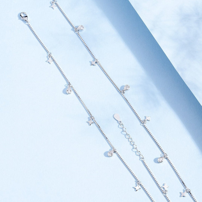 Star CZ Charms Rhodium Plated 925 Sterling Silver Anklet