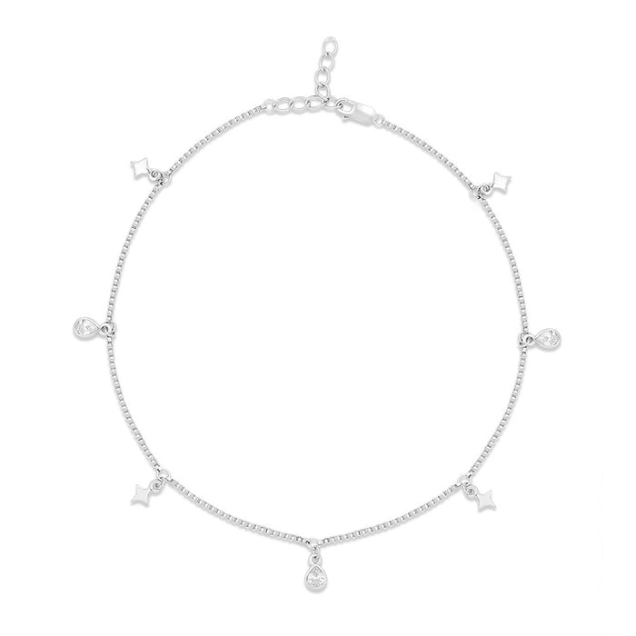Star CZ Charms Rhodium Plated 925 Sterling Silver Anklet