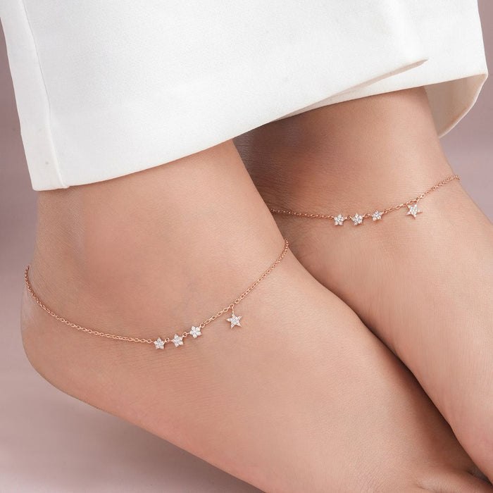Star CZ Rose Gold Plated 925 Sterling Silver Anklet