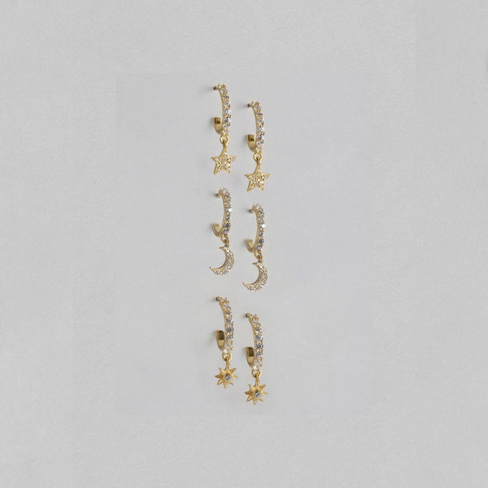 Star & Moon Triple Earring 925 Sterling Silver Combo