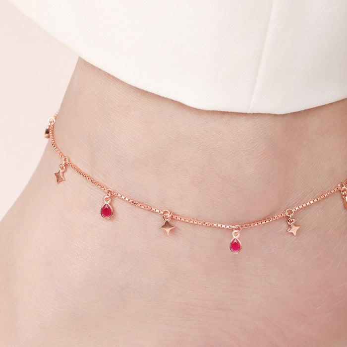 Rose gold 925 Sterling Silver anklet for women with star and red CZ teardrop charms on ankle – Zavya