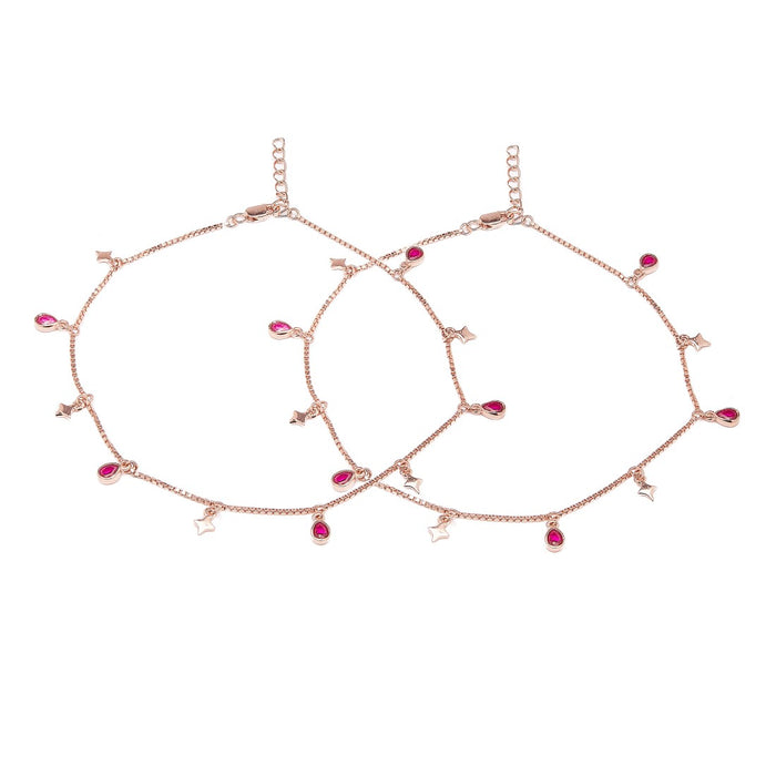 Pair of women's rose gold plated 925 Sterling Silver anklets with star and pink CZ charms – Zavya
