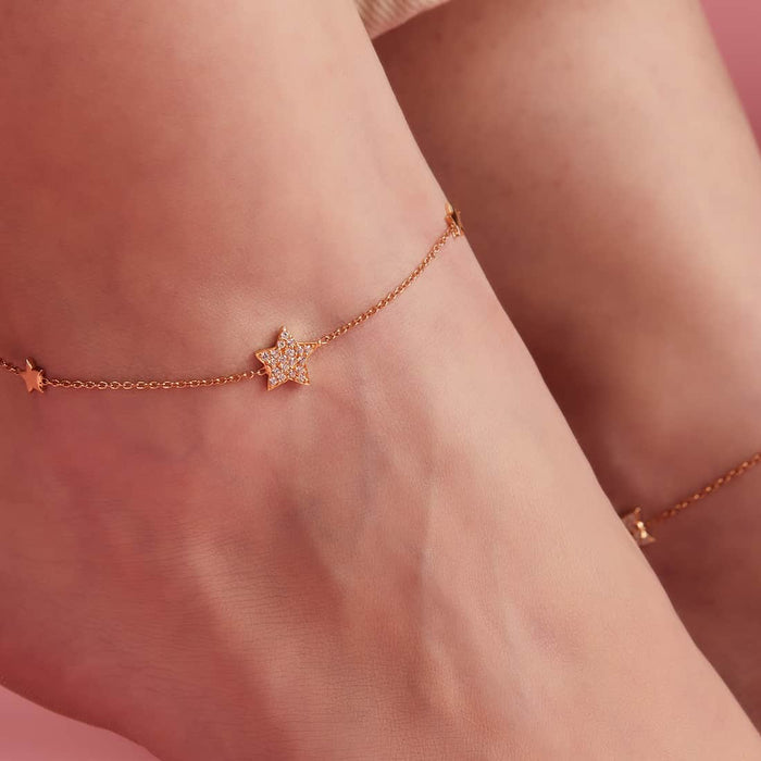 Star Rose Gold Plated CZ 925 Sterling Silver Anklet
