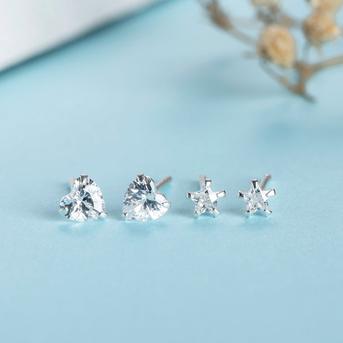 Starry Heartbeat Rhodium-Plated CZ 925 Sterling Silver Combo Earrings