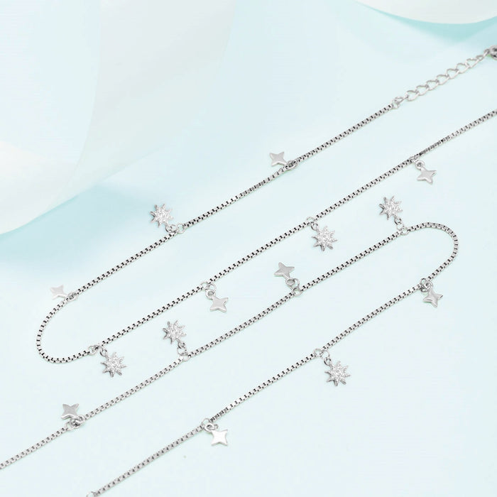 Starry Night Sky 925 Sterling Silver Rhodium-Plated Star Pattern Anklets