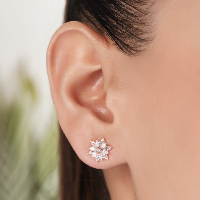 Stellar Floral Rose 925 Sterling Silver Star Earrings
