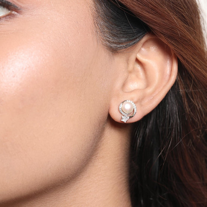 Stellar Pearl Radiance Rhodium-Plated 925 Sterling Star Earrings