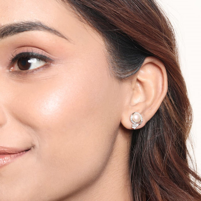 Stellar Pearl Radiance Rhodium-Plated 925 Sterling Star Earrings