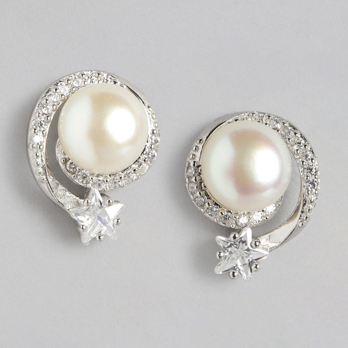 Stellar Pearl Radiance Rhodium-Plated 925 Sterling Star Earrings