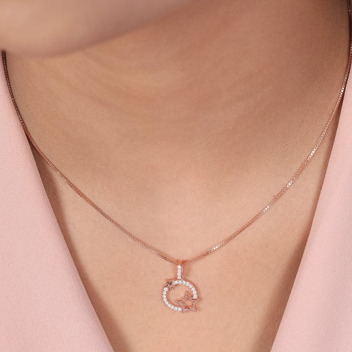Stellar Radiance 925 Sterling Silver Rose Gold Star Pendant with Chain