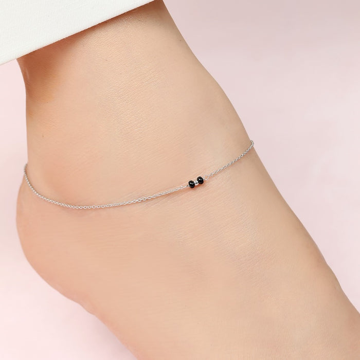 Subtle Black Beads Rhodium Plated 925 Sterling Silver Adjustable Link Chain Anklet