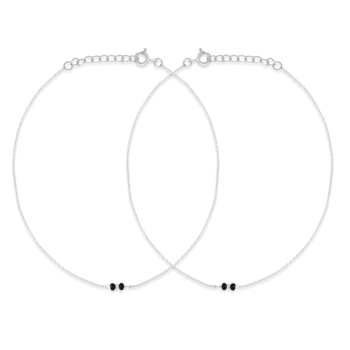 Subtle Black Beads Rhodium Plated 925 Sterling Silver Adjustable Link Chain Anklet