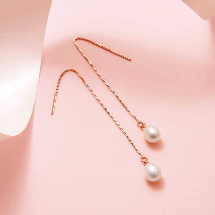 Sui Dhaga with Pearl 7mm 925 Silver Earrings in Rose Gold