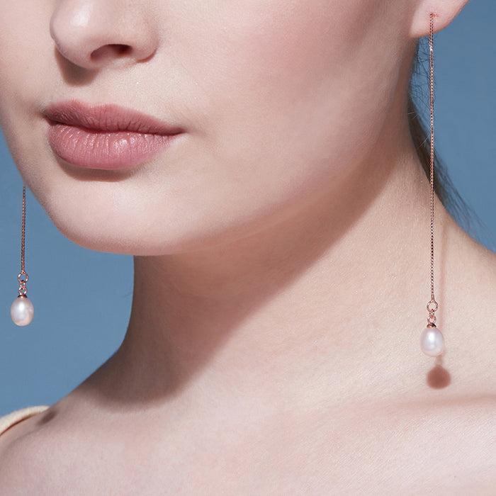 Sui Dhaga with Pearl 7mm 925 Silver Earrings in Rose Gold