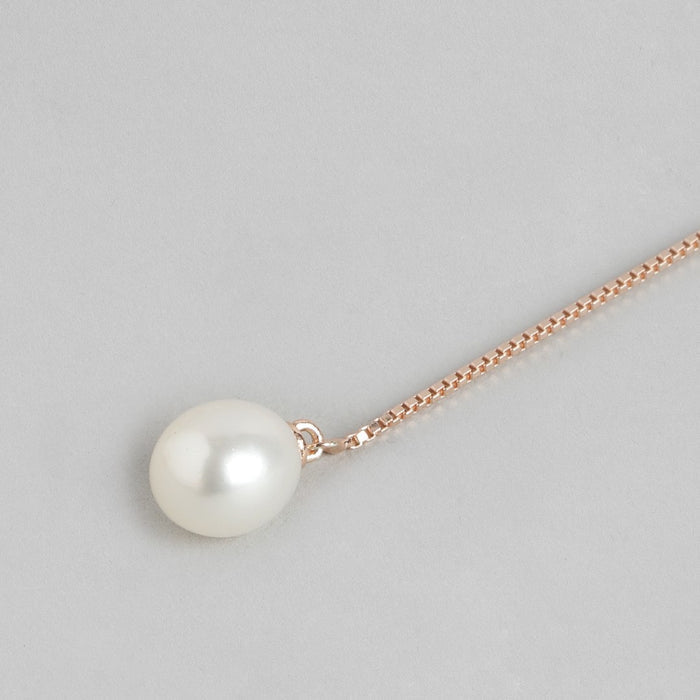 Sui Dhaga with Pearl 7mm 925 Silver Earrings in Rose Gold